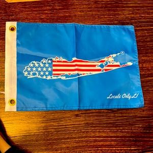 Long Island map red white and blue flag